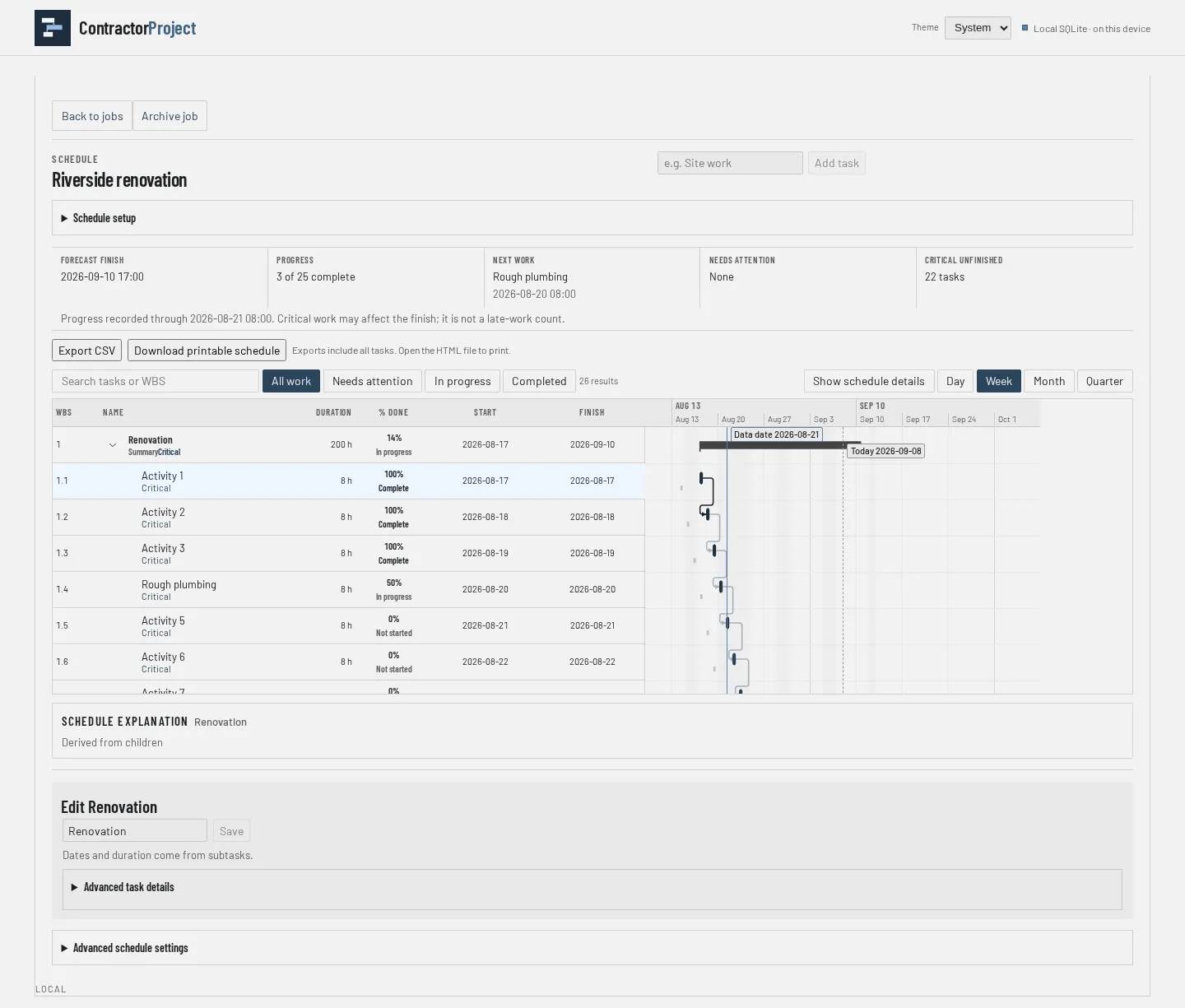 ContractorProject's September development screen showing the Riverside renovation test fixture, schedule facts, task grid, and one selected-task editor