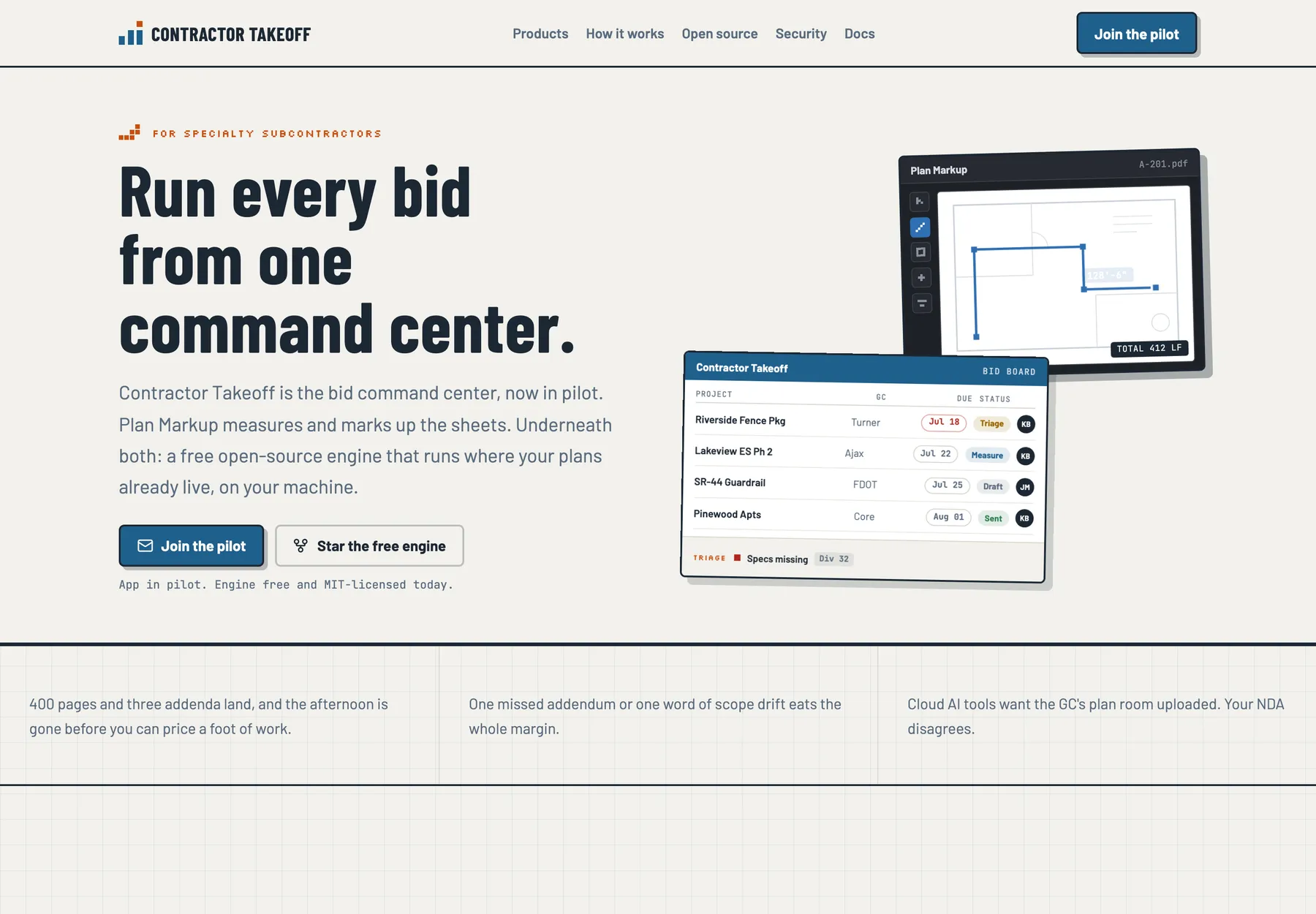 the contractortakeoff.ai homepage with the headline "run every bid from one command center" and mockups of the plan markup canvas and the bid board