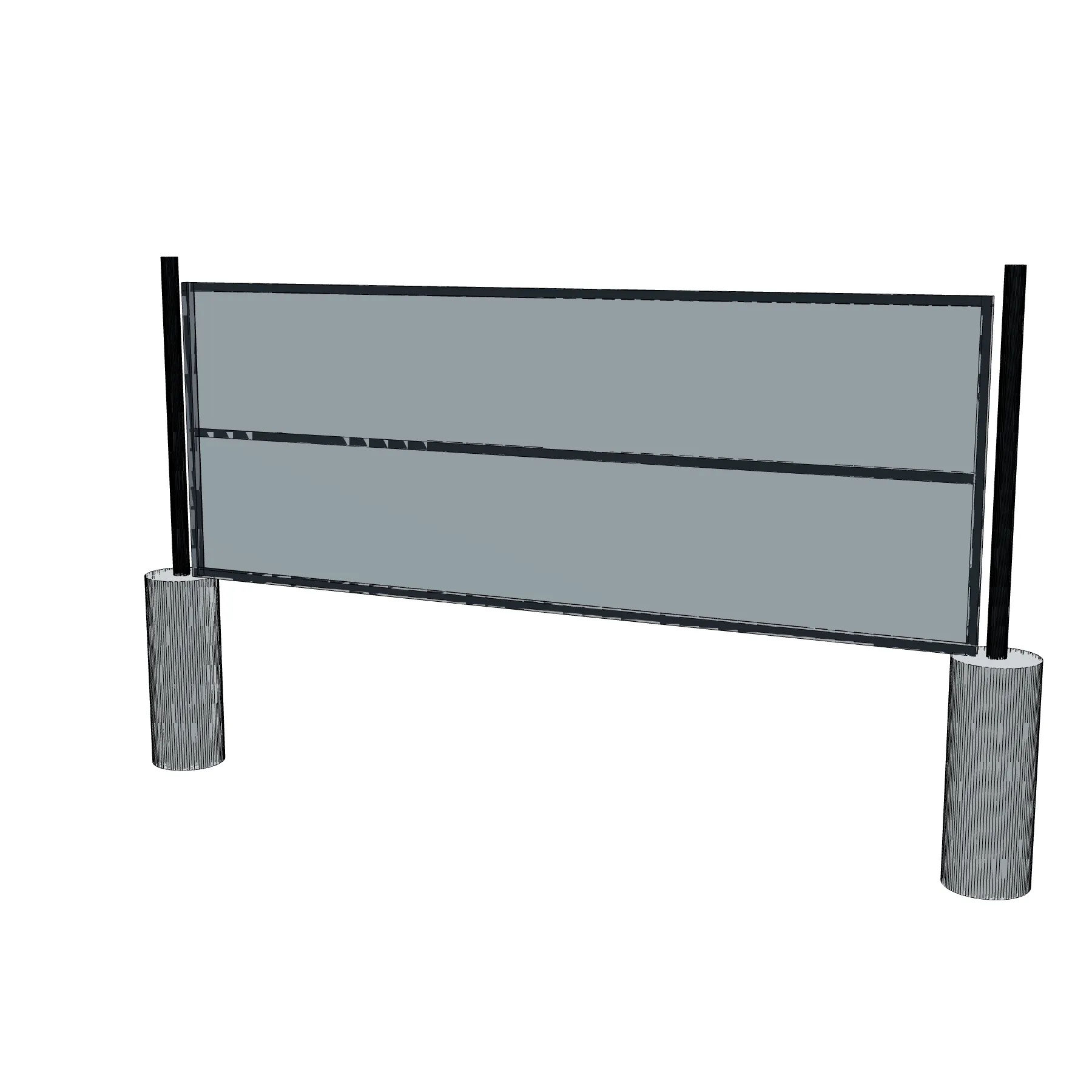 a rough 3d isometric render of a gate panel between two posts set in concrete footings