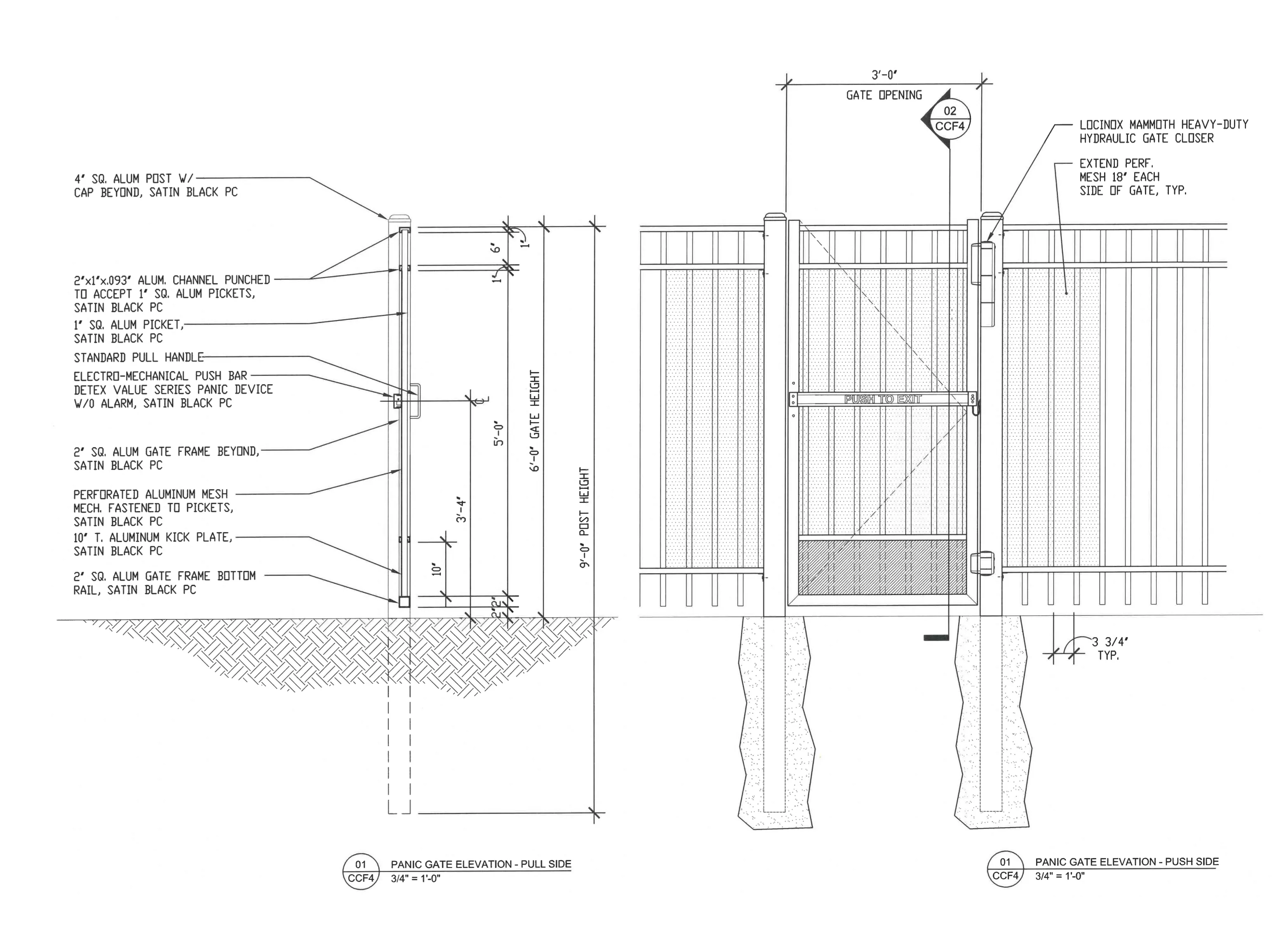 the original scanned panic gate submittal detail with pull-side and push-side elevations and full callouts