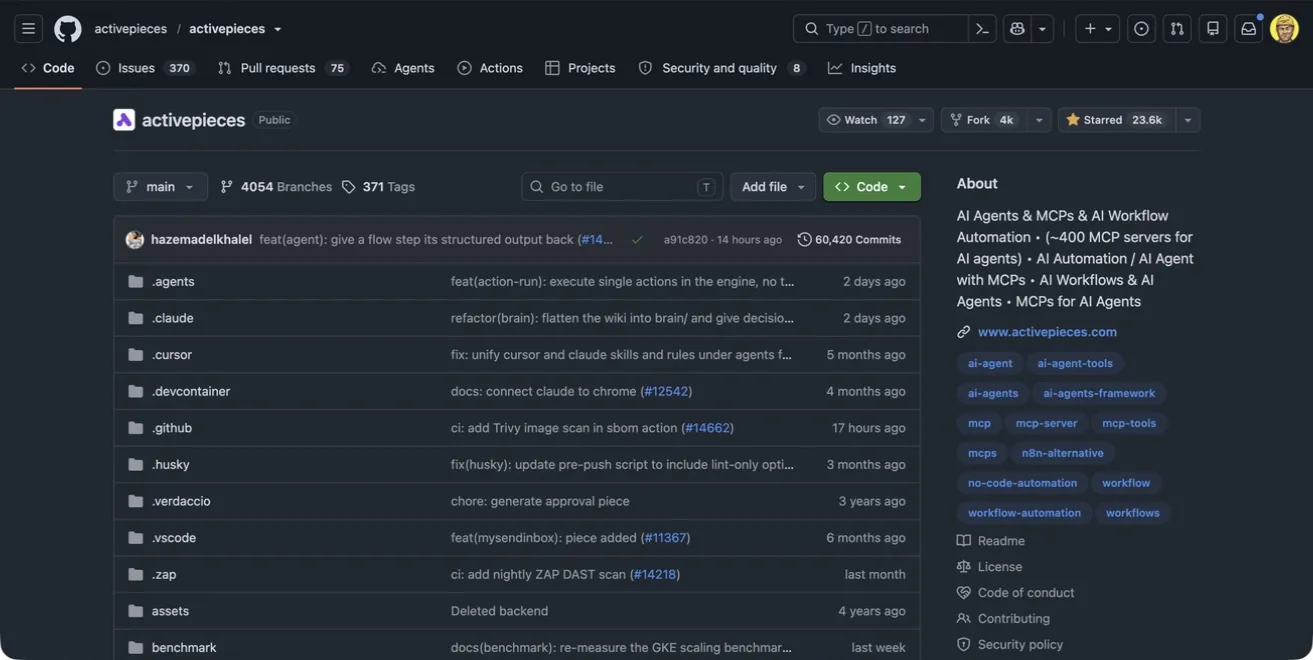 the Activepieces repository showing its workflow automation, AI agent, and MCP integration work