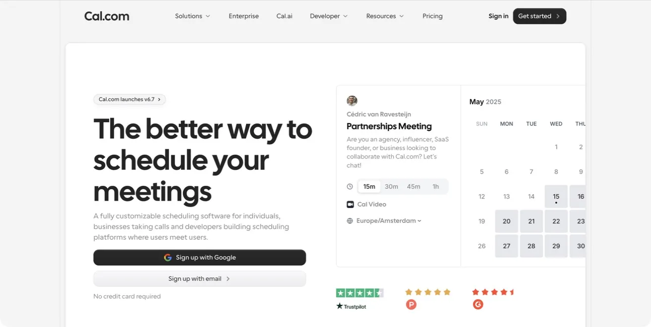 the Cal.com website showing its customizable scheduling interface