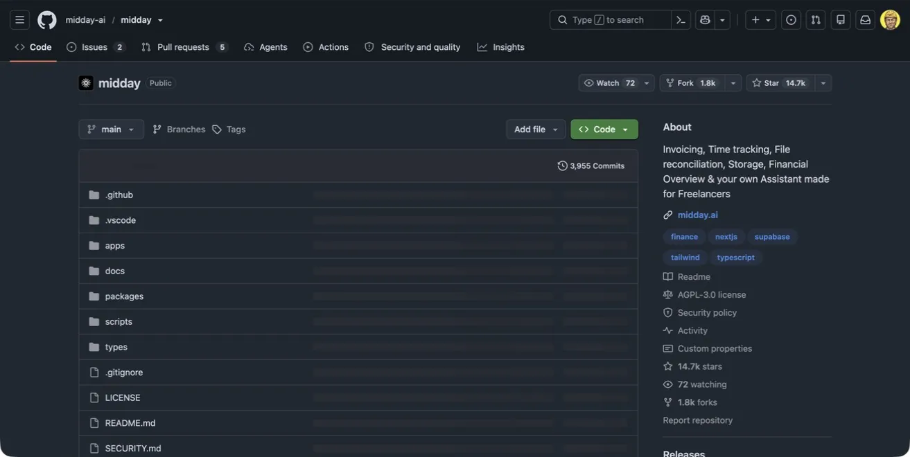 the Midday repository showing its invoicing, time tracking, reconciliation, storage, and financial tools
