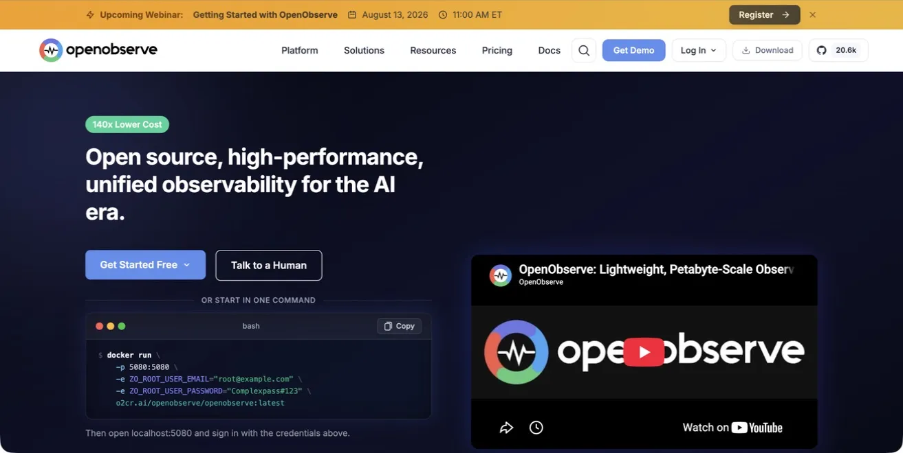 the OpenObserve website showing its self-hosted observability platform and single-command start