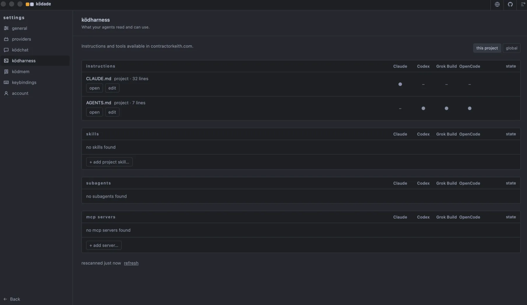 KödHarness showing which project instruction files are visible to Claude Code, Codex, Grok Build, and OpenCode