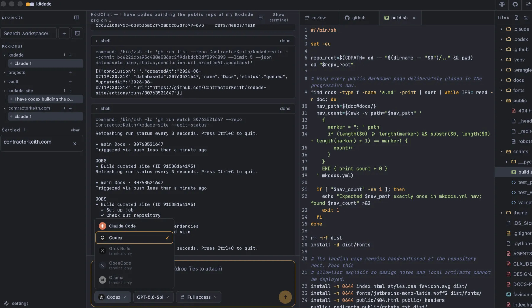 the ködade workspace with several projects and chats open, Codex working in KödChat, the editor and files beside it, plus browser, GitHub, and review controls