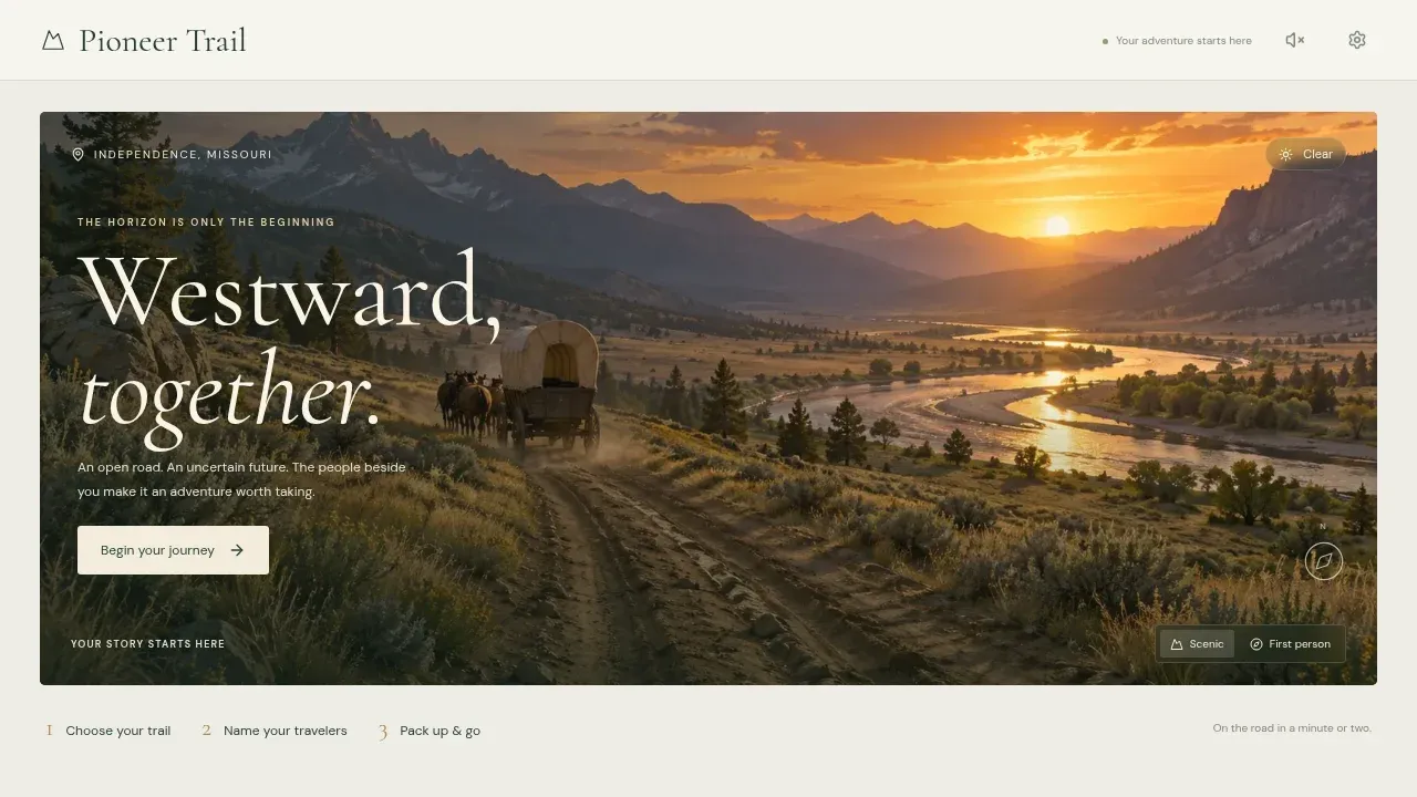 Pioneer Trail's browser welcome screen with an illustrated wagon journey, scenic and first-person choices, and a begin-your-journey button