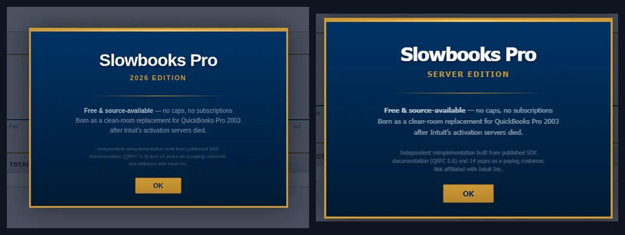 the real SlowBooks Pro about screens for the personal 2026 Edition and Server Edition