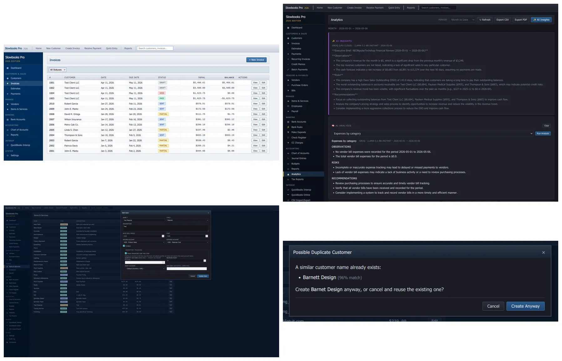 four real SlowBooks Pro screens showing invoicing, AI analysis, inventory, and duplicate-customer detection